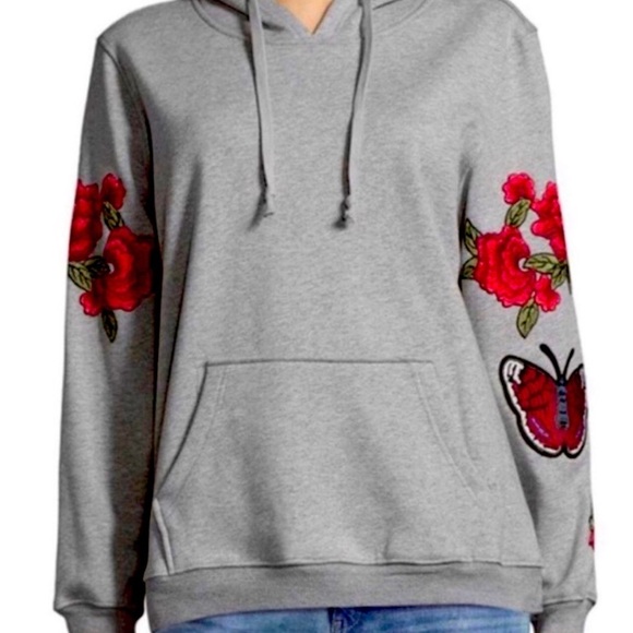 Central Park West Gray Hoodie with Red Floral Embroidery - Picture 1 of 8